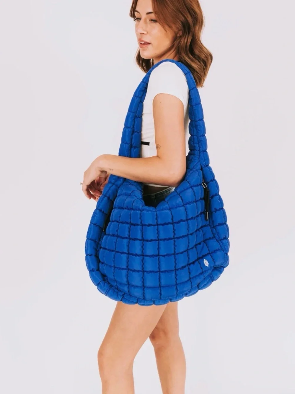 Free People Quilted Puffer Shoulder Tote Bag Blue Lightweight Oversized